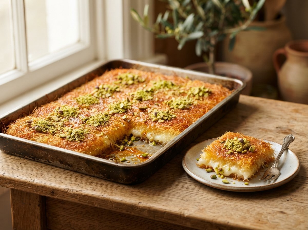 A tray of knafeh topped with crushed pistachio, one piece plated beside