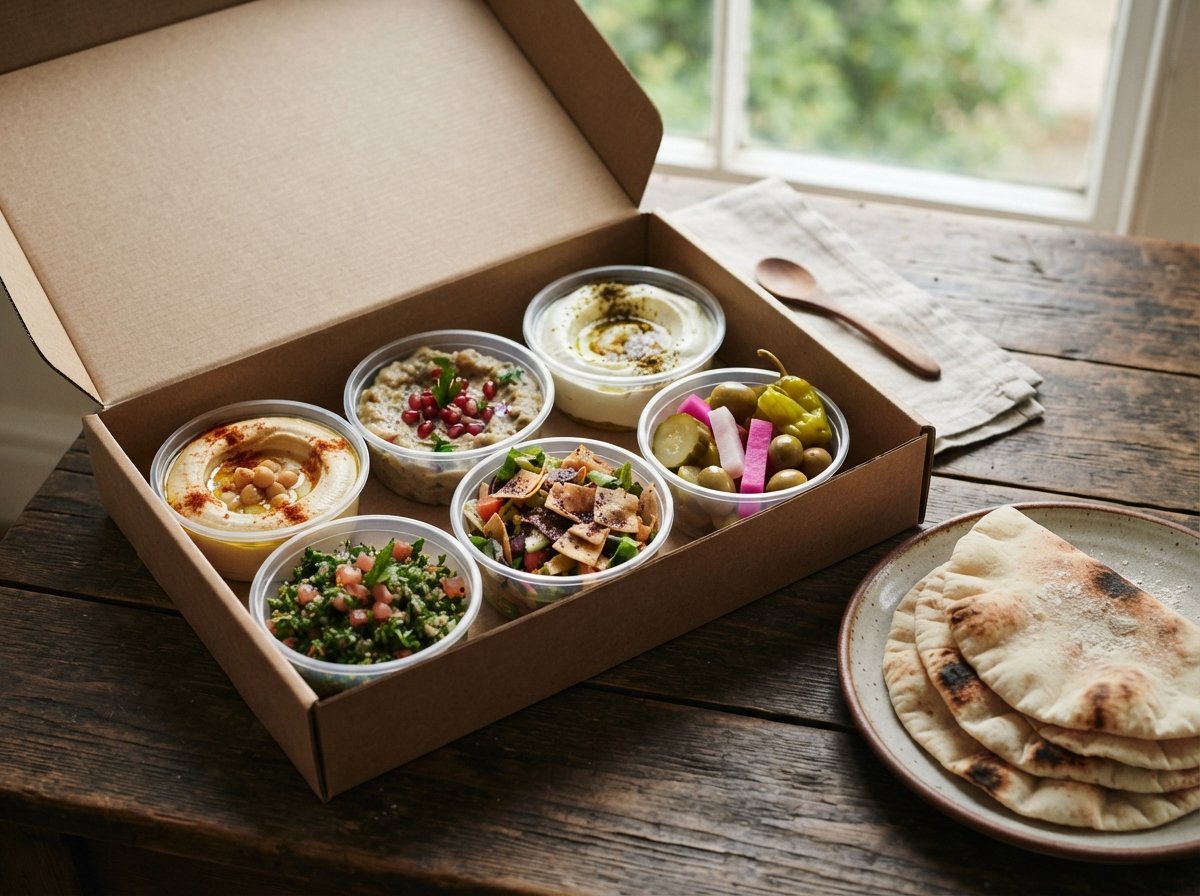 An open box of six mezze tubs with flatbread beside it