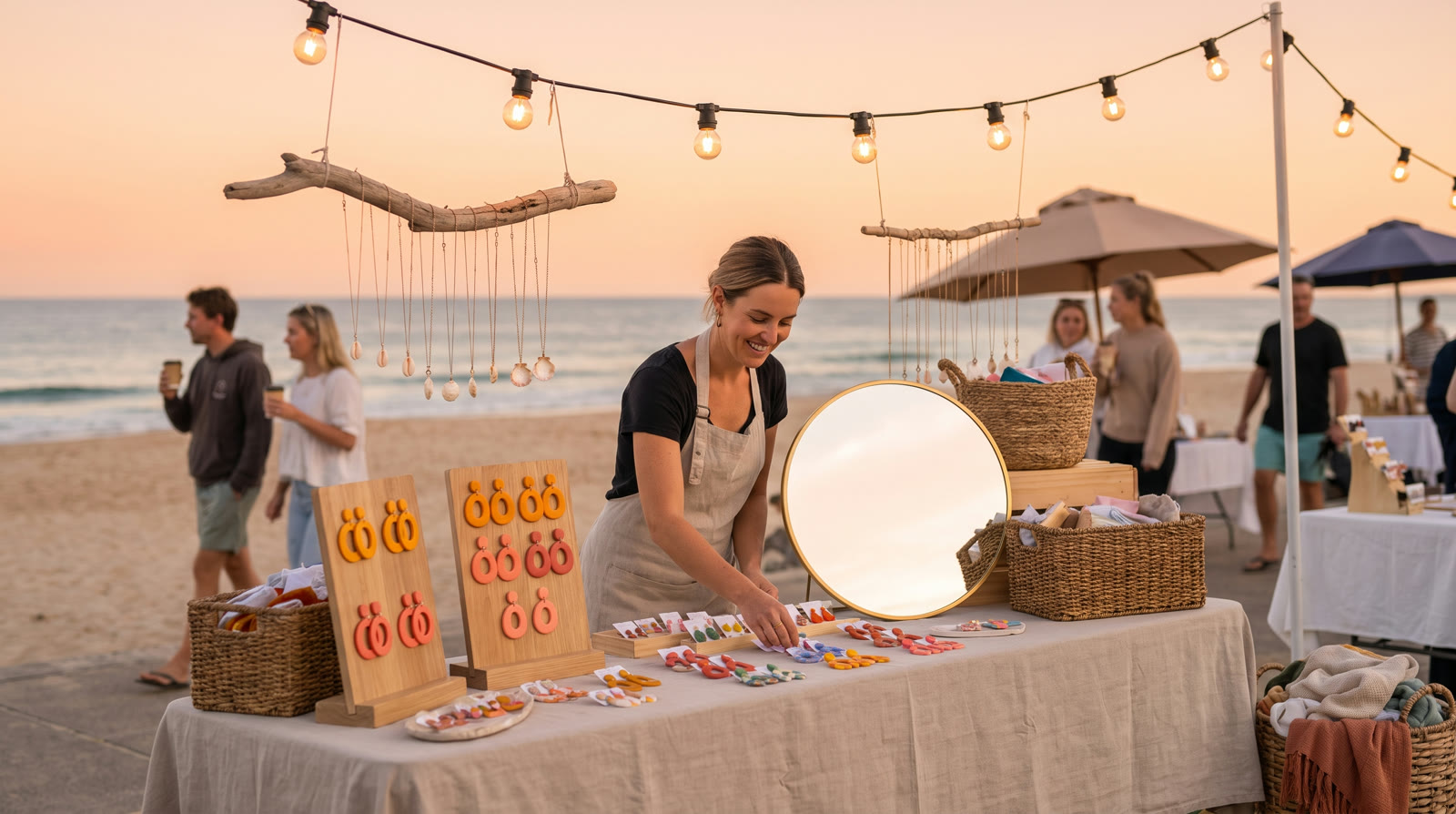 Coral & Clay's handmade jewellery stall glowing under festoon lights at a twilight market
