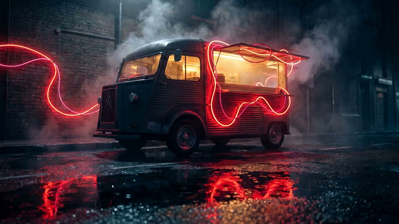 A food truck glowing under red neon at night