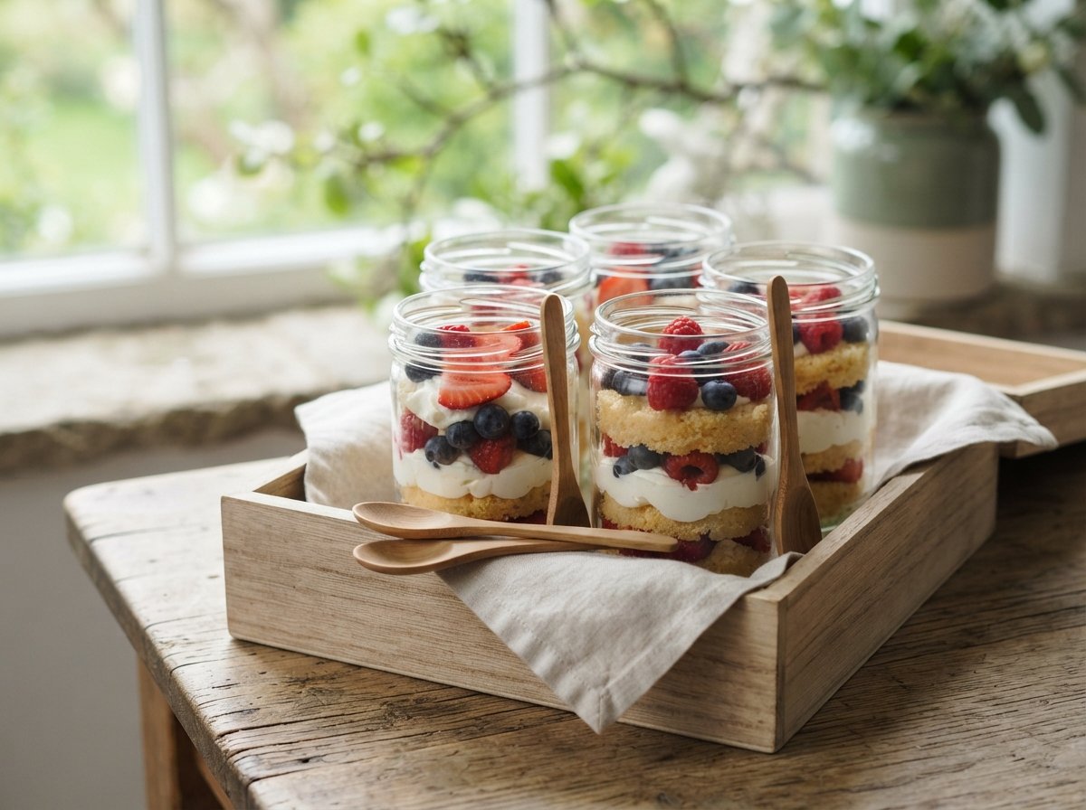 Glass jars of layered cake with cream and berries in an open box with wooden spoons