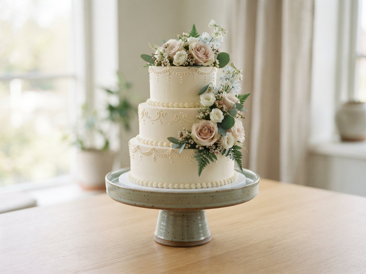 A layered buttercream celebration cake with piped details and fresh flowers on a cake stand