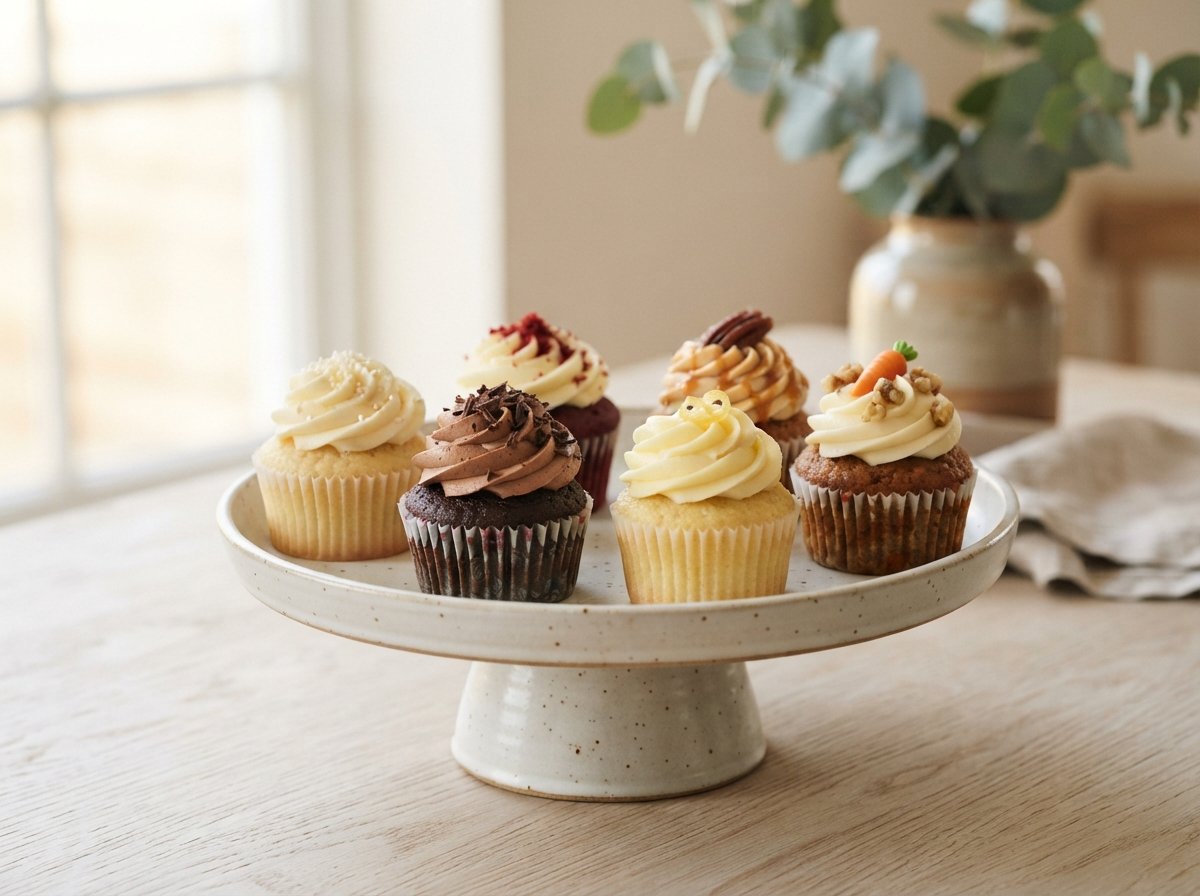 Six assorted buttercream-topped cupcakes on a ceramic stand