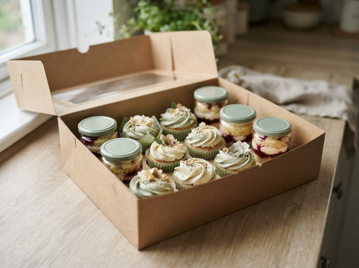 An open box holding cupcakes and glass cake jars together