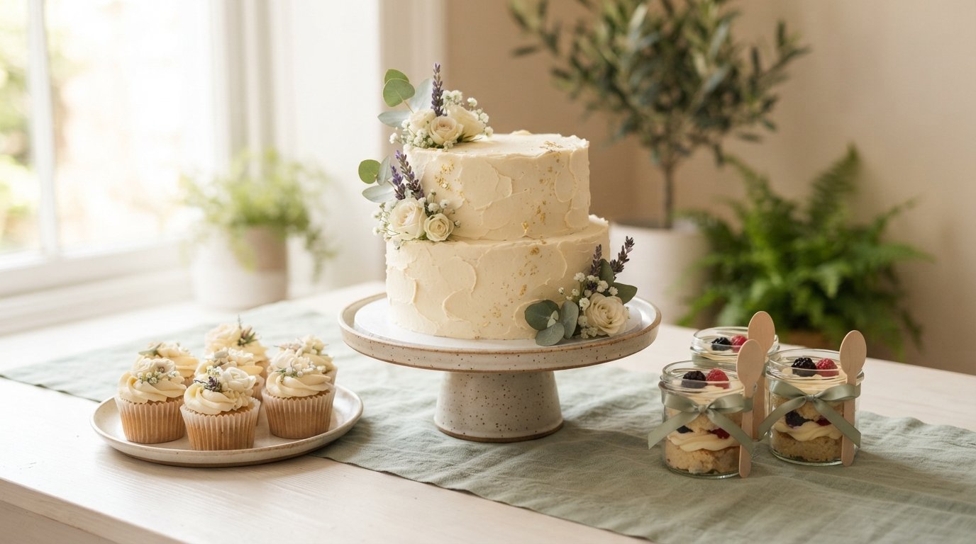 A two-tier buttercream cake on a stand with cupcakes and cake jars around it