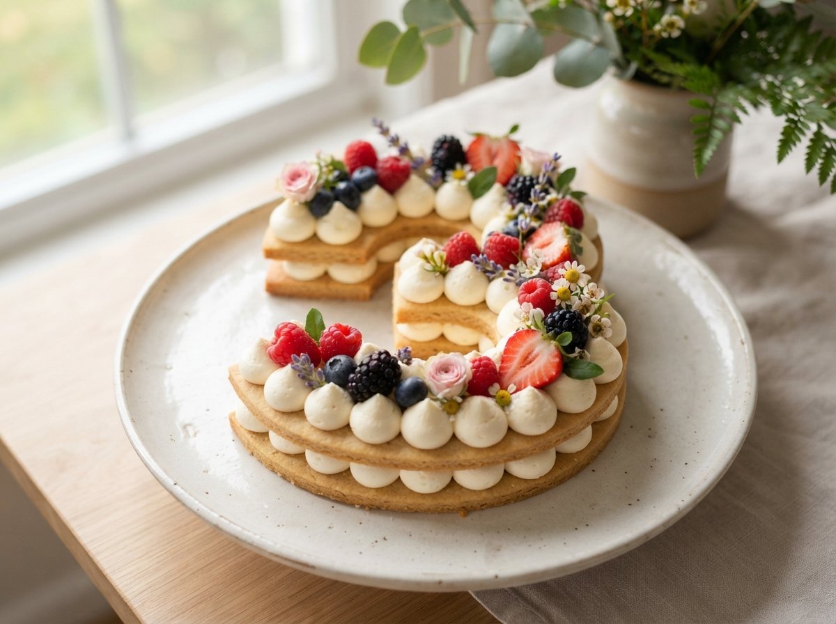 A number-shaped cookie-base cake topped with piped cream, berries and small flowers