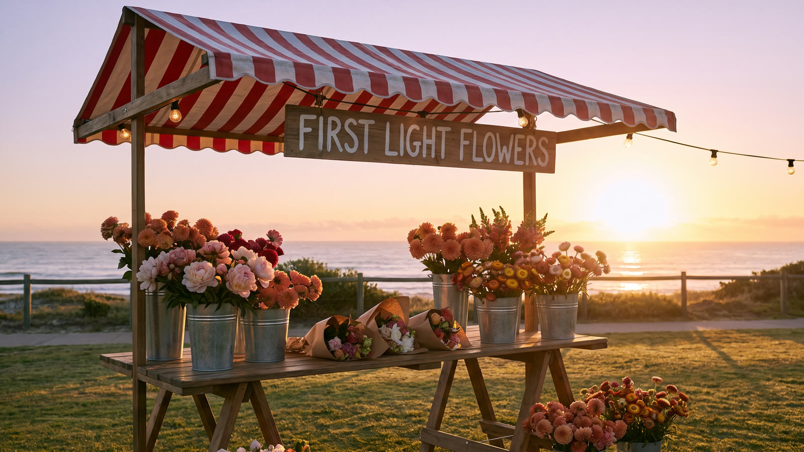 First Light Flowers' stall of fresh bunches under a striped awning at sunrise on the beachfront
