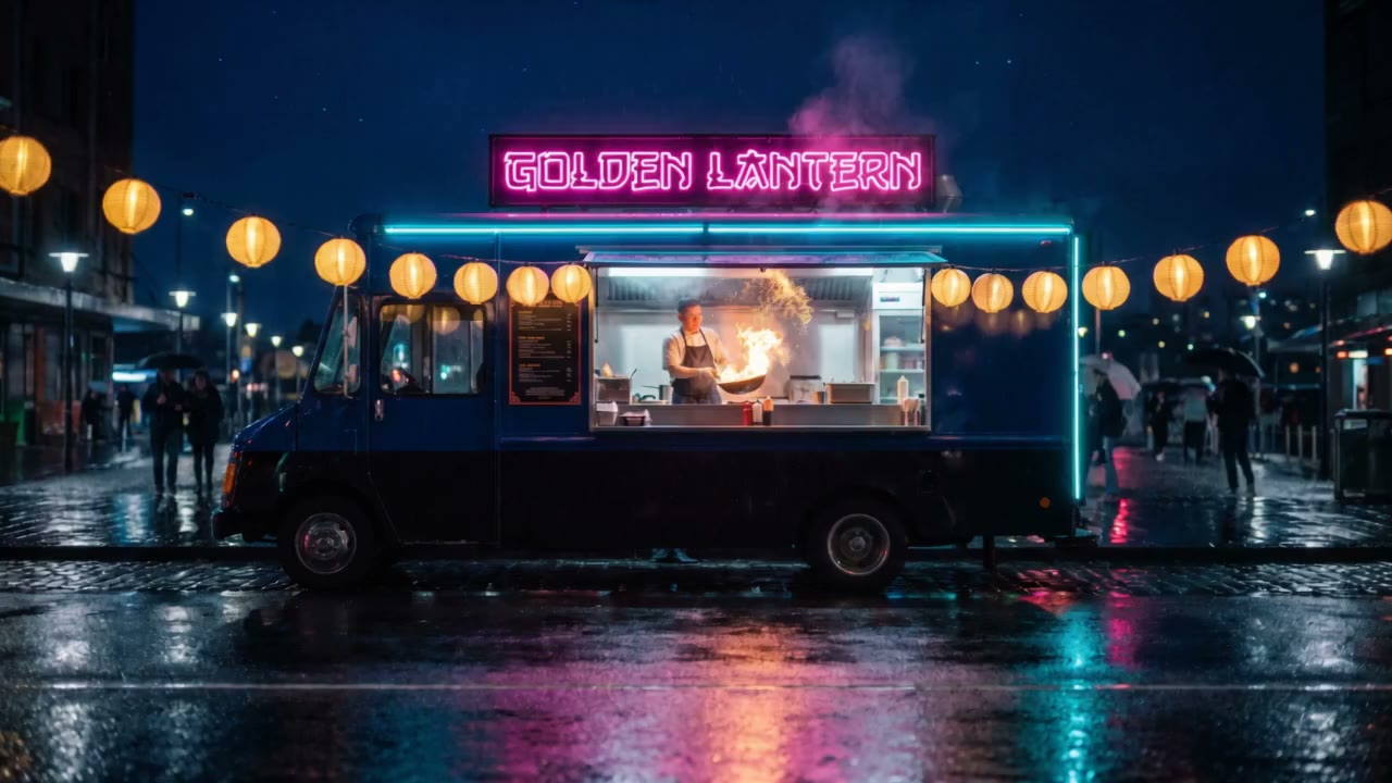 Golden Lantern's Chinese food truck glowing under a magenta neon sign and strings of golden lanterns at night