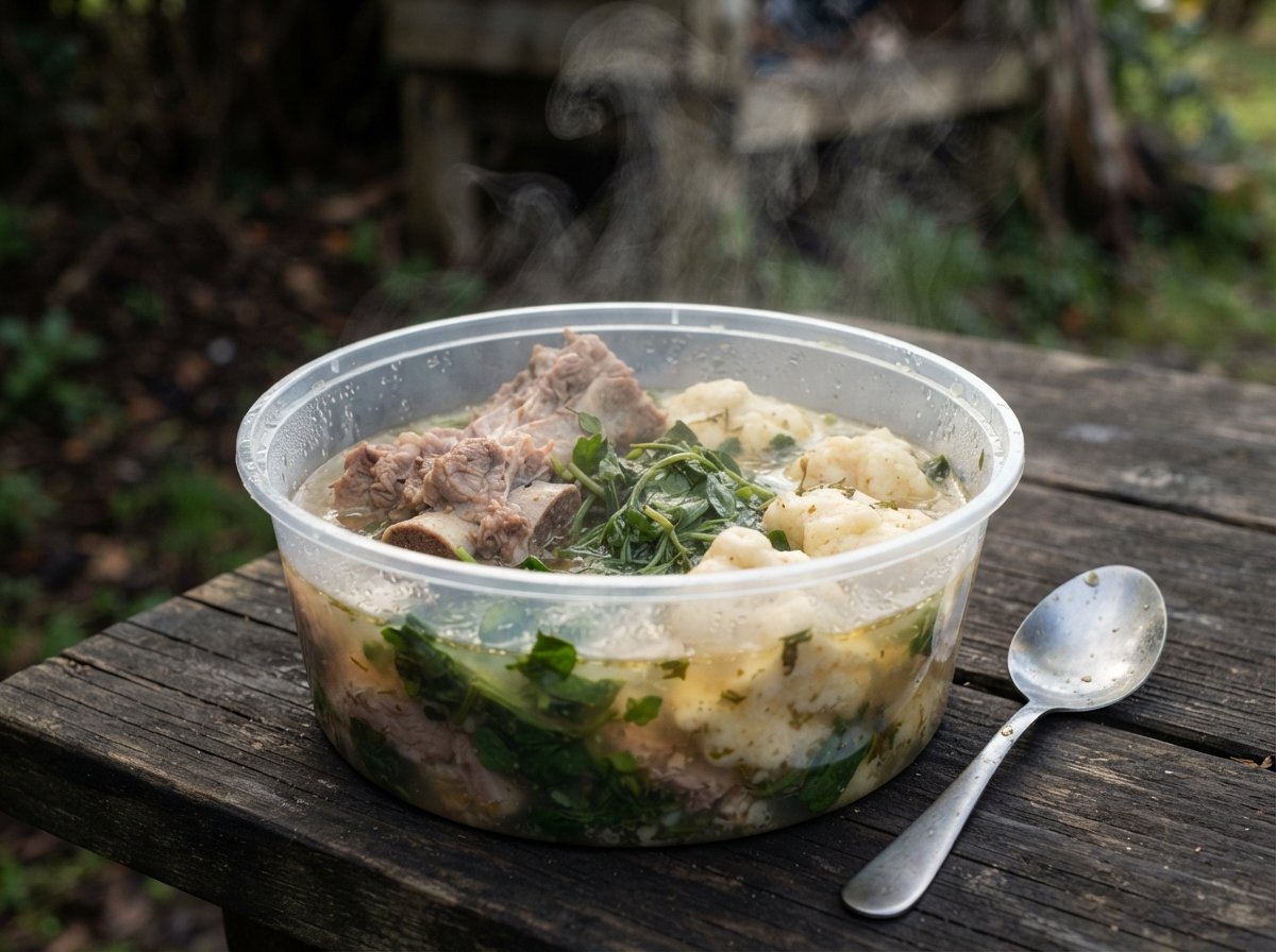 A steaming takeaway tub of boil-up with pork bones, watercress and doughboys