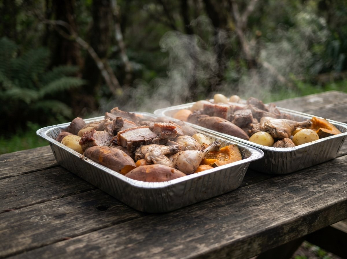Two steaming foil trays packed with hāngī meat and vegetables on an outdoor table