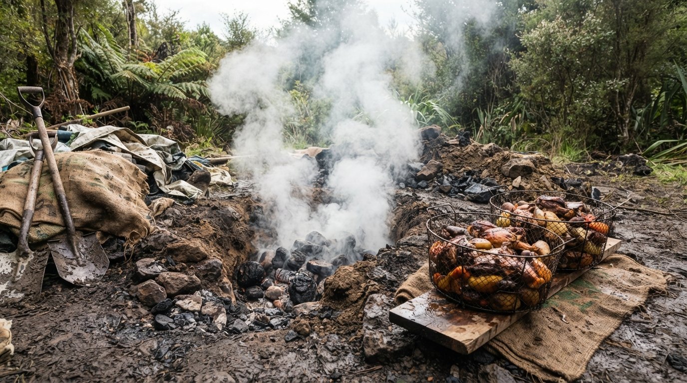The open hāngī pit with steam rising and baskets of food beside it