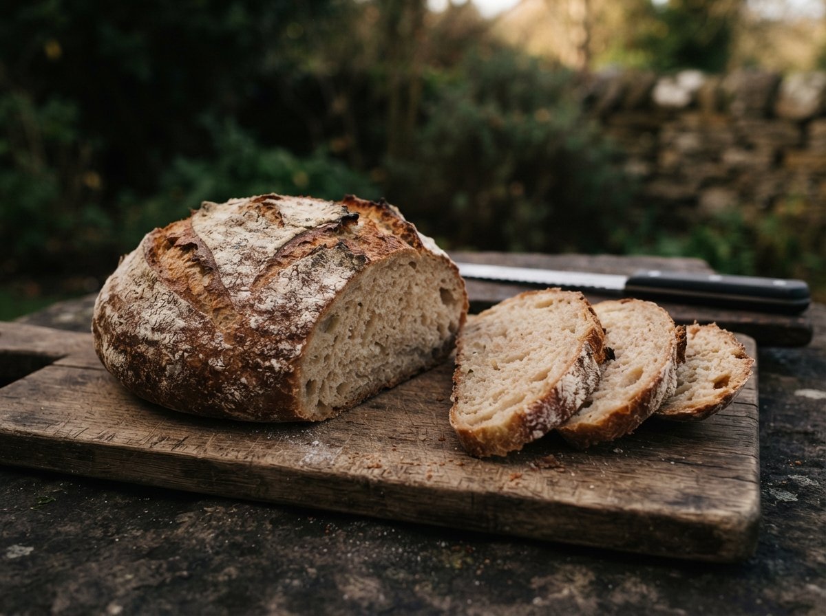 A round rustic loaf of rewena bread on a wooden board, partly sliced