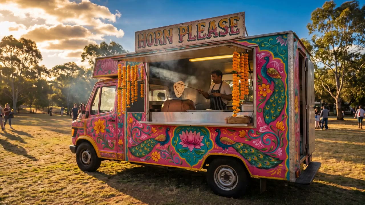 Horn Please's hand-painted pink Indian food truck strung with marigold garlands in golden-hour light
