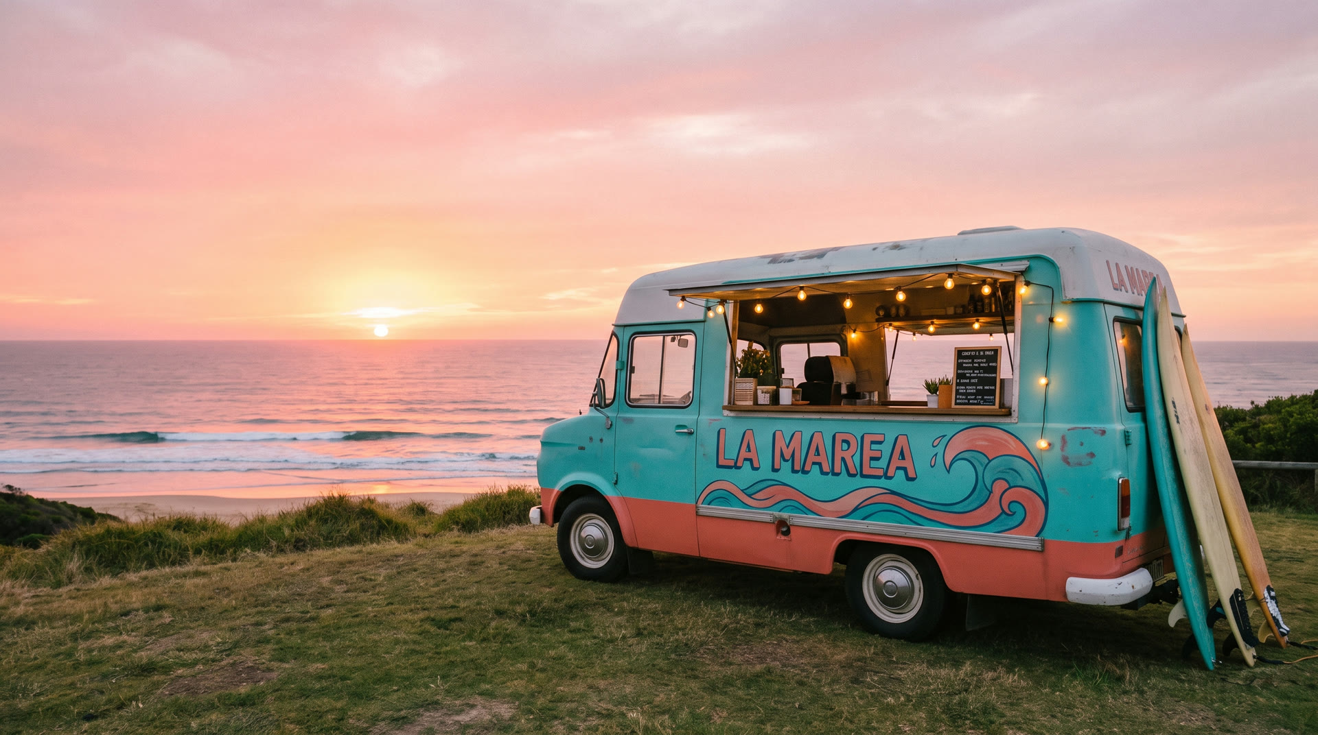 La Marea's turquoise taco truck parked above the beach at sunset