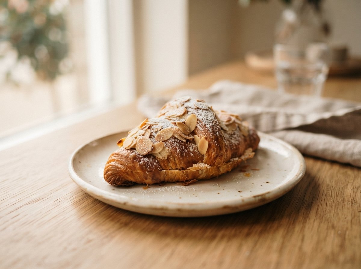An almond croissant dusted with icing sugar on a cream plate