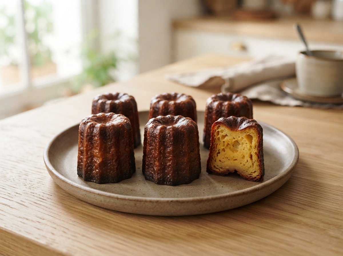 Six caneles with dark caramelised crusts, one cut open showing the custard centre