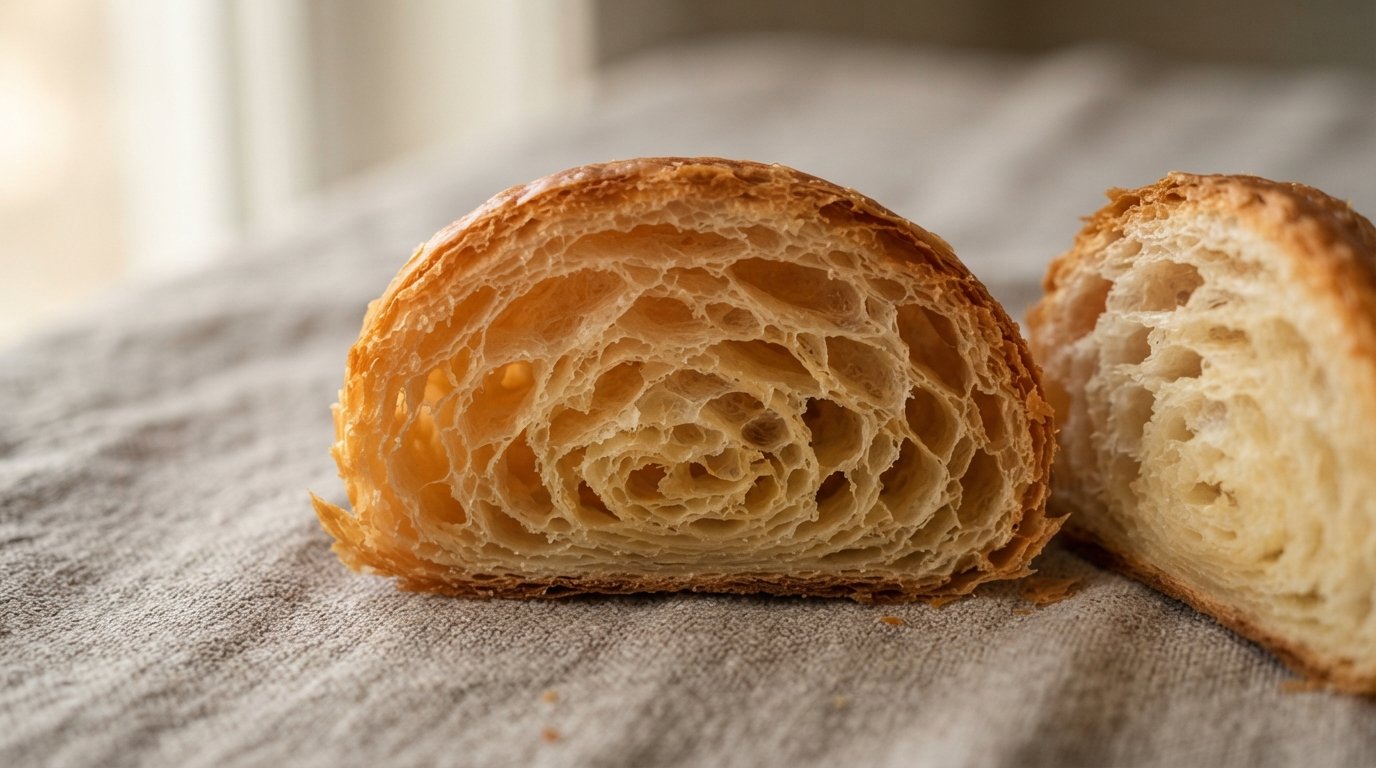 A croissant cut in half showing its honeycomb lamination