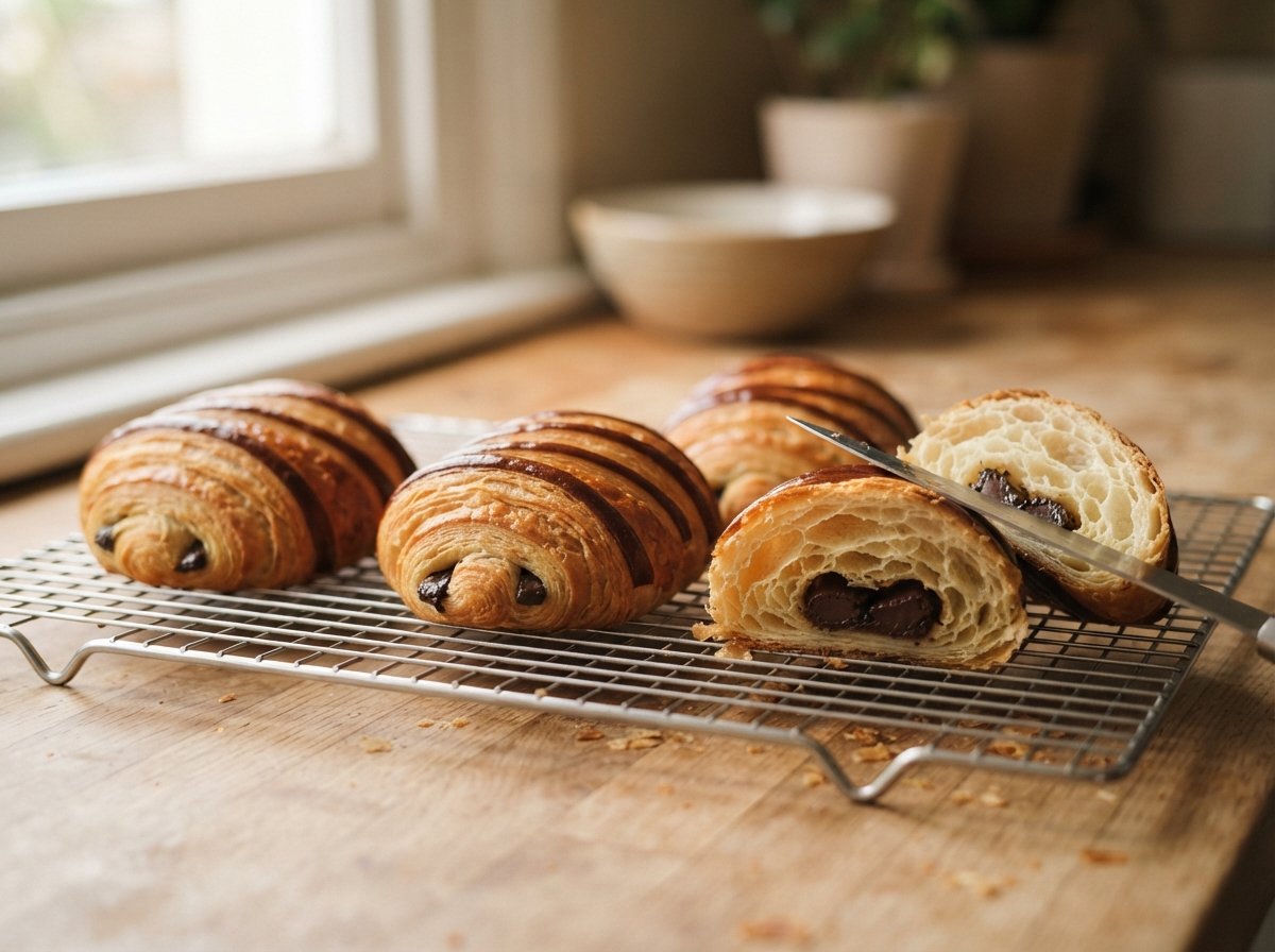 Pain au chocolat on a cooling rack, one cut open showing dark chocolate batons