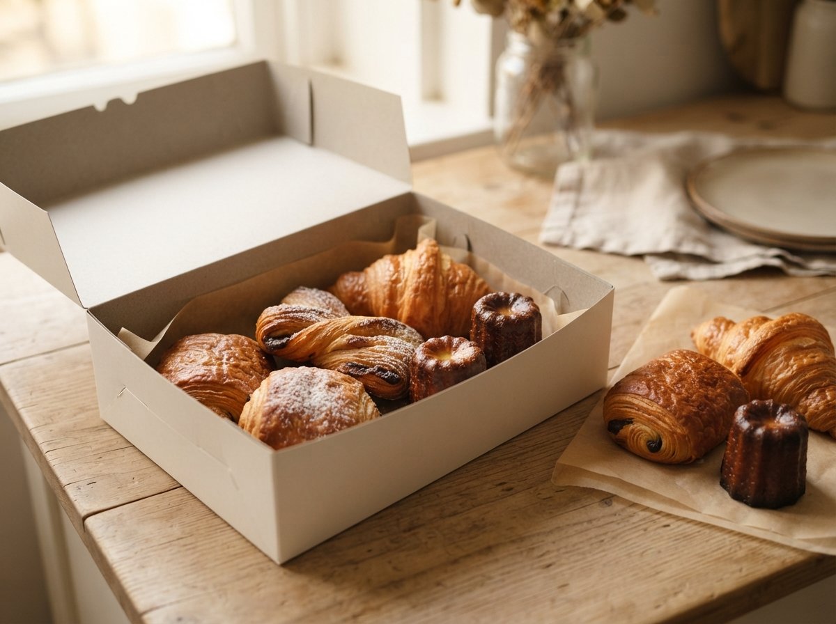 An open pastry box with a mixed selection of French pastries inside and more beside it