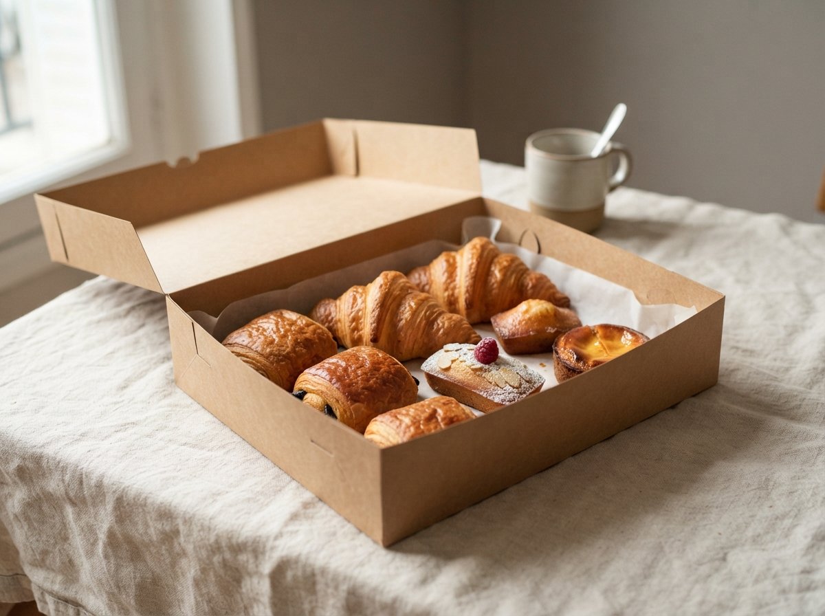 An open kraft box of eight assorted French pastries