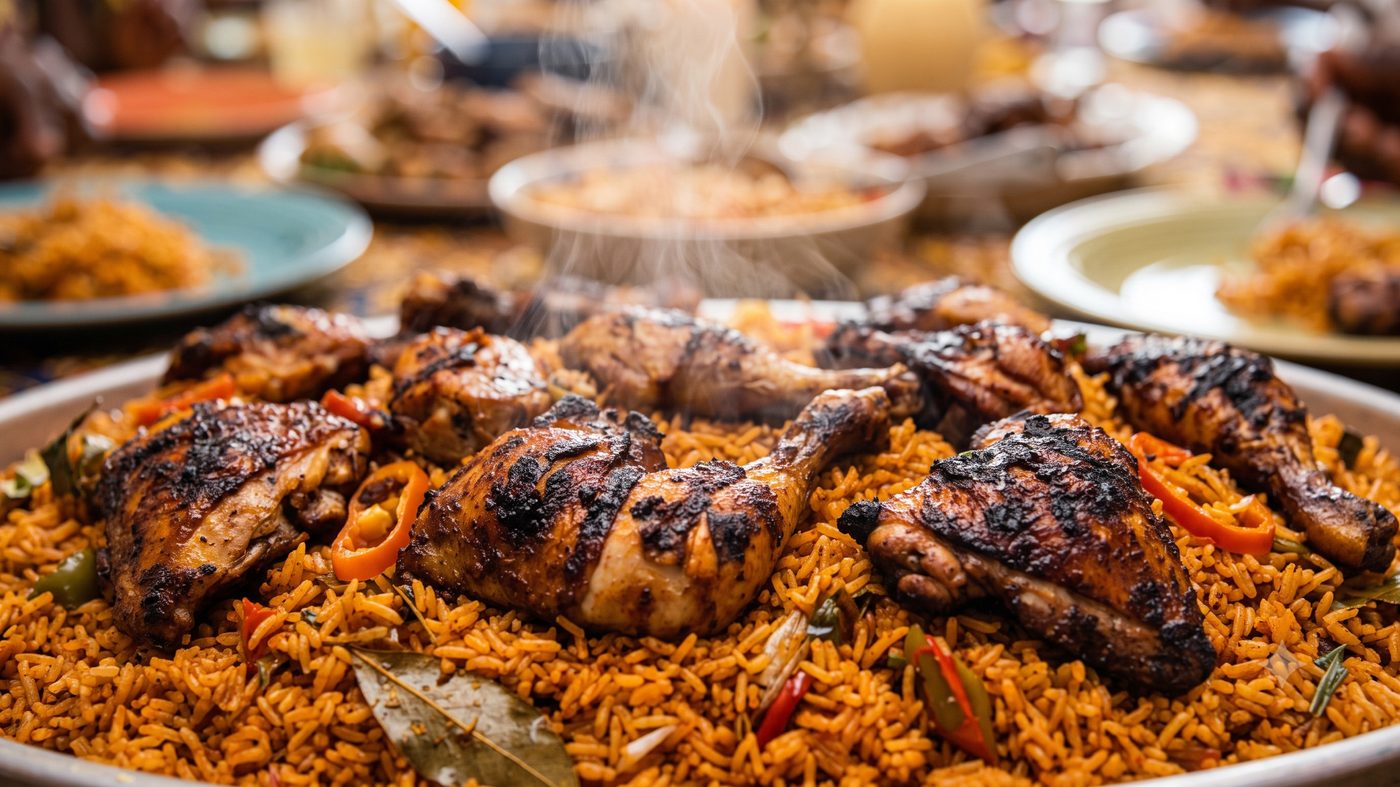 Steaming party jollof rice with grilled chicken from Mama Efe's Kitchen
