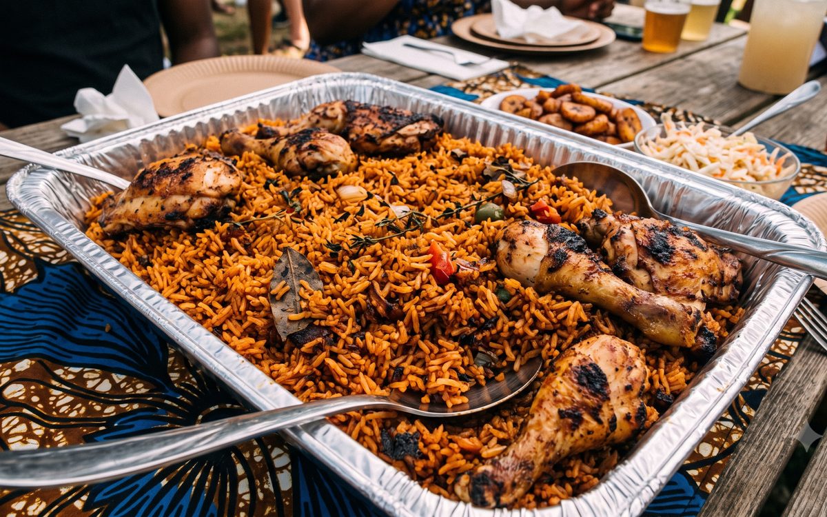 Foil catering tray of smoky jollof rice topped with grilled chicken