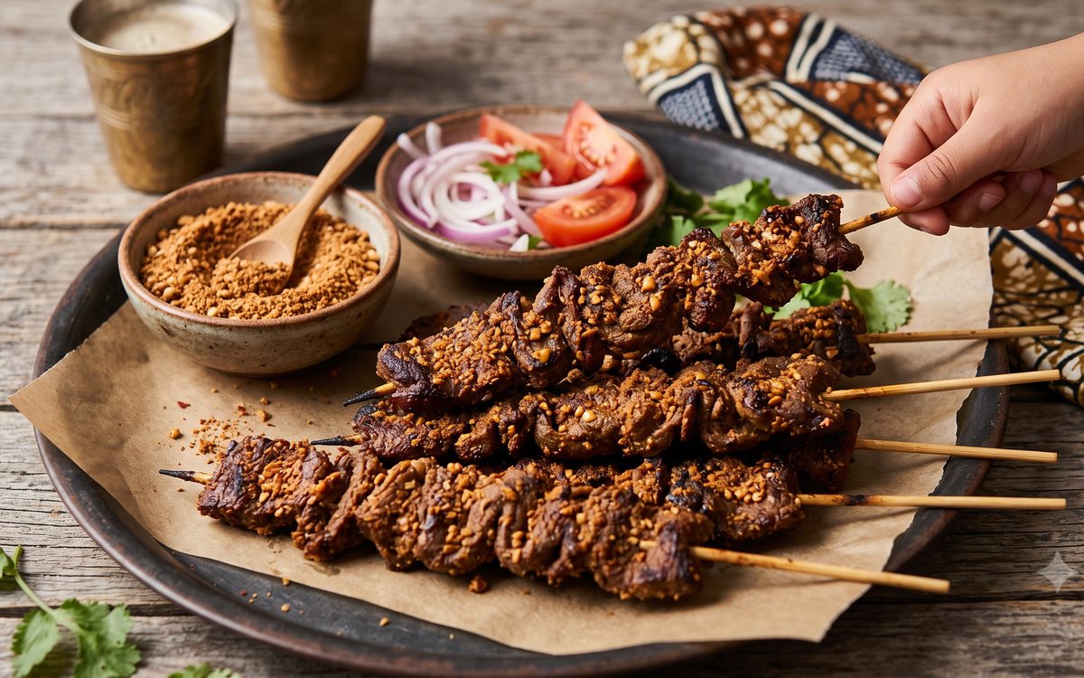 Grilled beef suya skewers coated in yaji peanut spice, with sliced onion and tomato