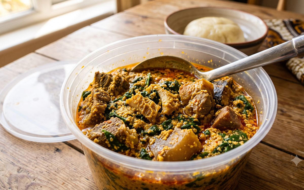 One-litre takeaway tub of egusi soup with spinach and assorted meat