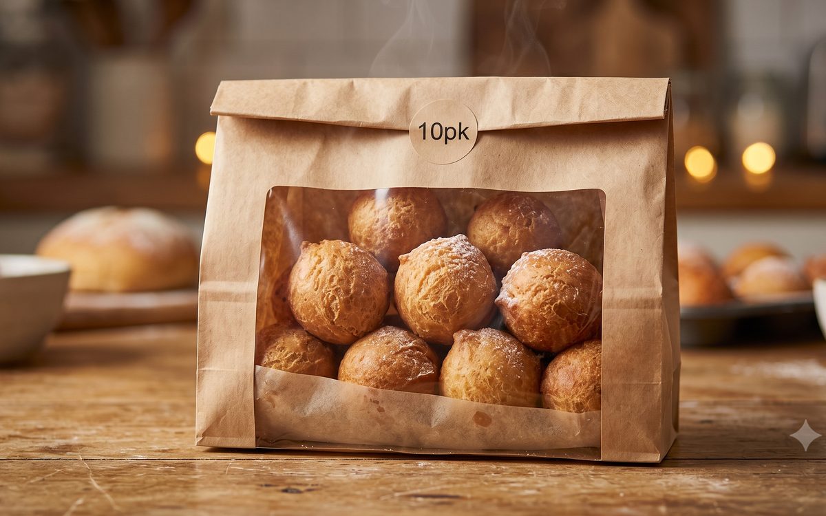 Paper bag of ten warm puff puff, golden fried dough balls