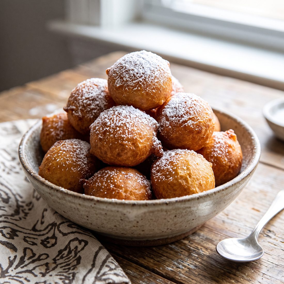 A bowl of golden puff puff dusted with sugar