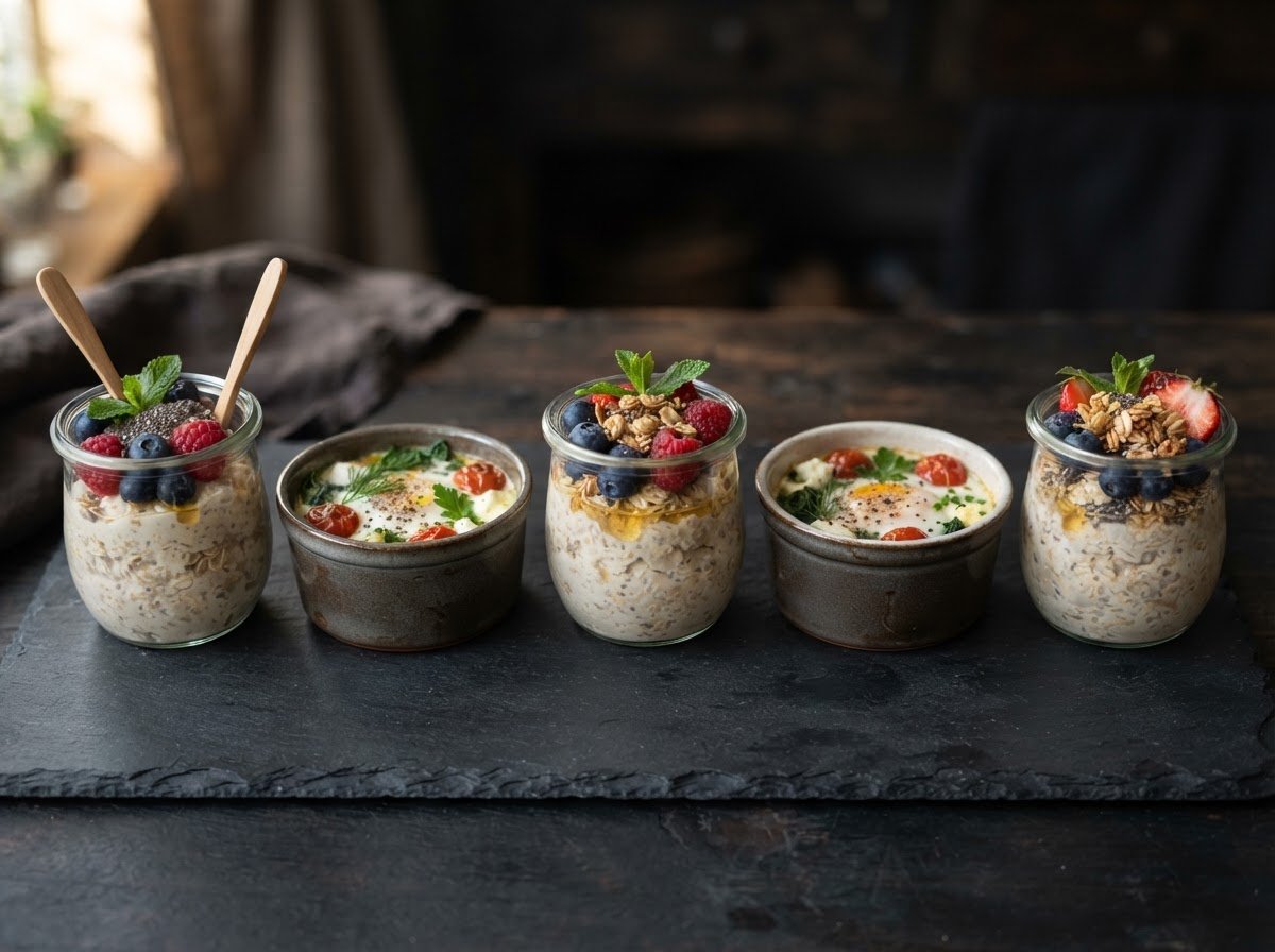 Five breakfast pots of overnight oats and egg pots in a row