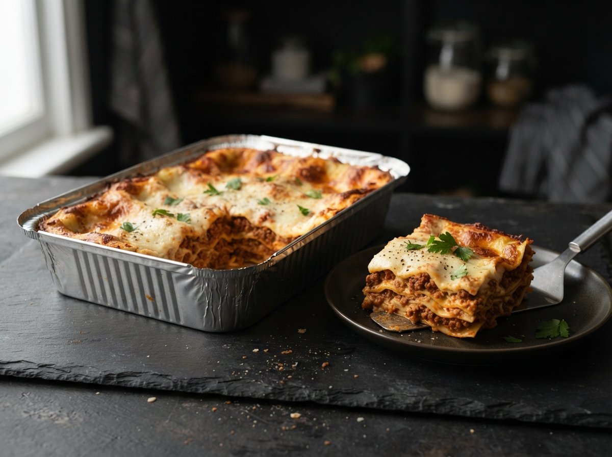 A large foil tray of lasagne with a portion plated beside it
