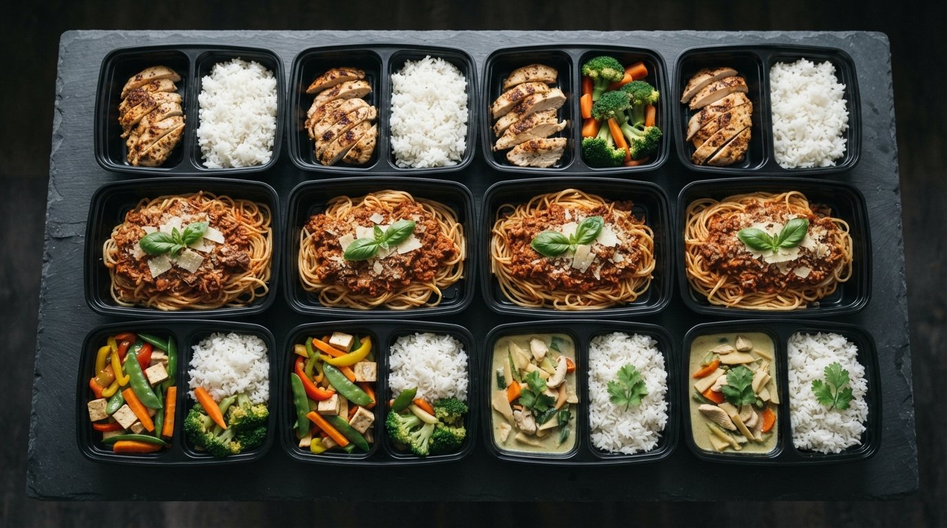 Rows of meal-prep trays lined up on a dark bench