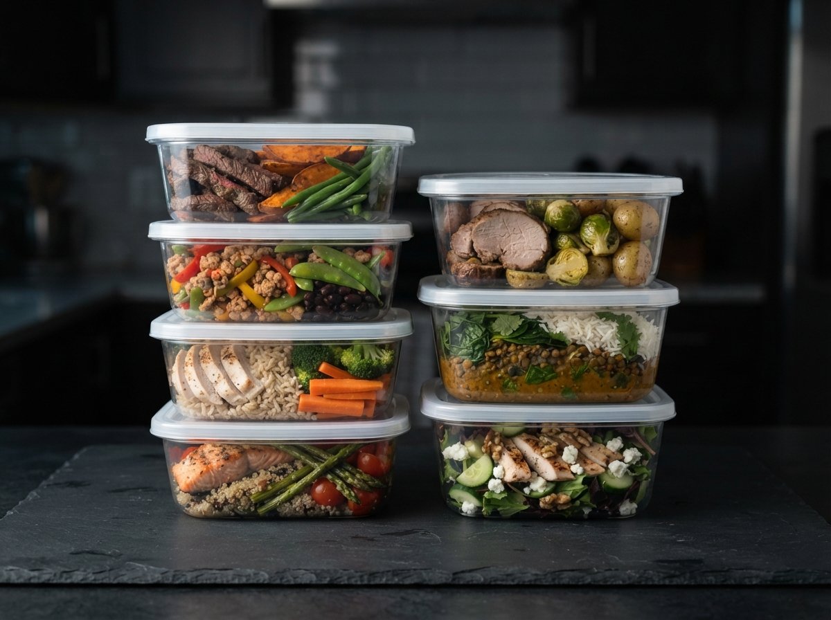 Stacked clear meal-prep containers holding a week of different meals
