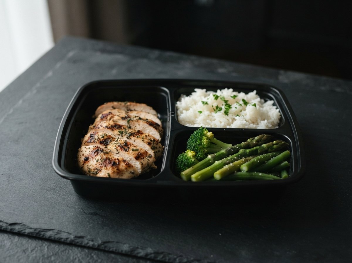 A meal-prep tray with grilled chicken, rice and greens on a dark bench