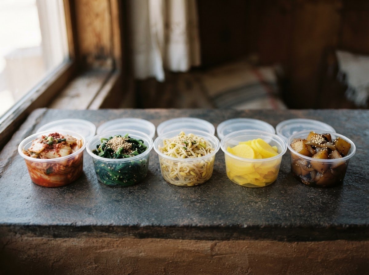 Five small takeaway containers of banchan side dishes in a row