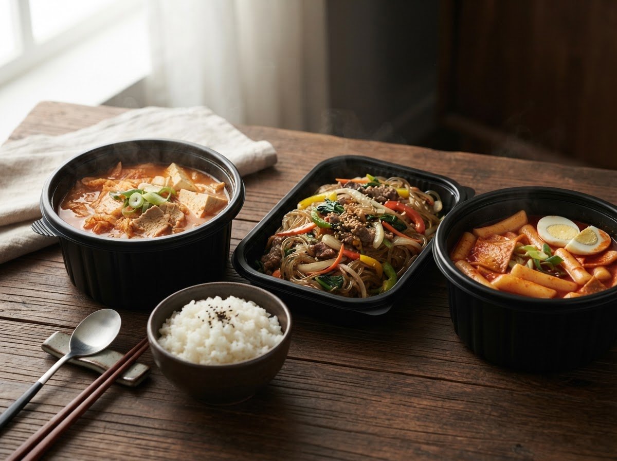 Three Korean takeaway containers grouped on a dark wood table with a bowl of rice
