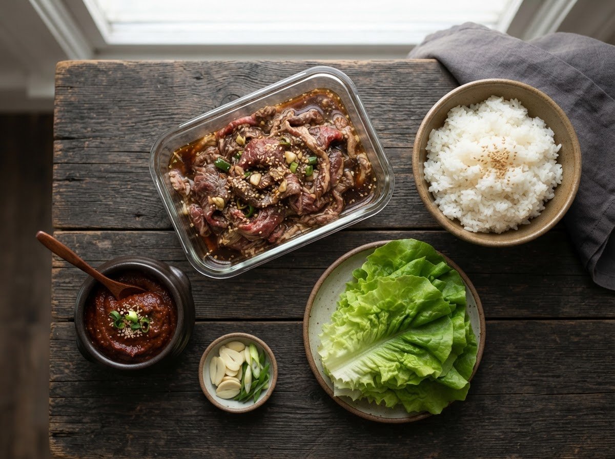 Bulgogi meal kit laid out — marinated raw beef, steamed rice, lettuce leaves and ssamjang