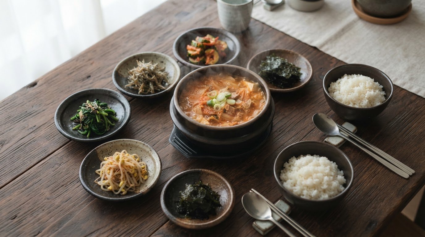 A Korean home-cooked table spread — a stone pot of kimchi jjigae, small banchan dishes and bowls of rice
