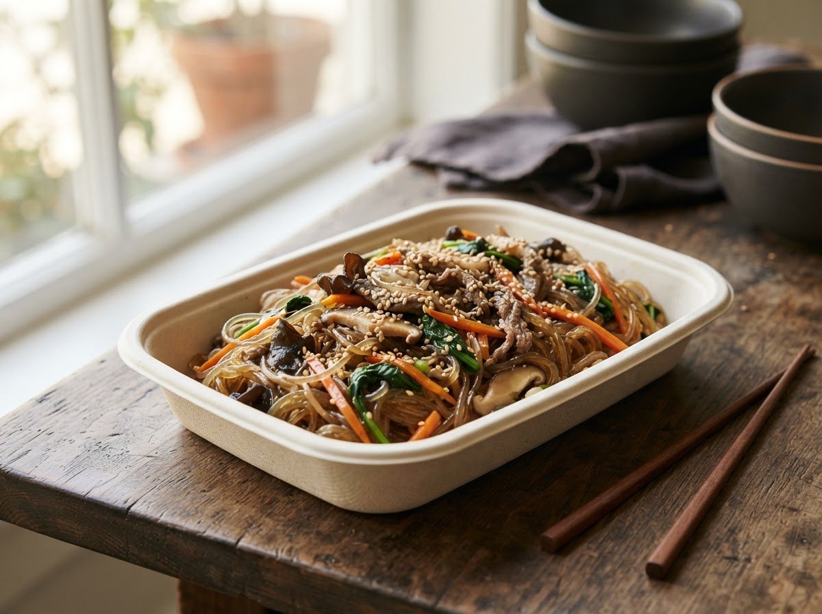 Japchae in a paper tray — glossy sweet potato noodles with vegetables and sesame
