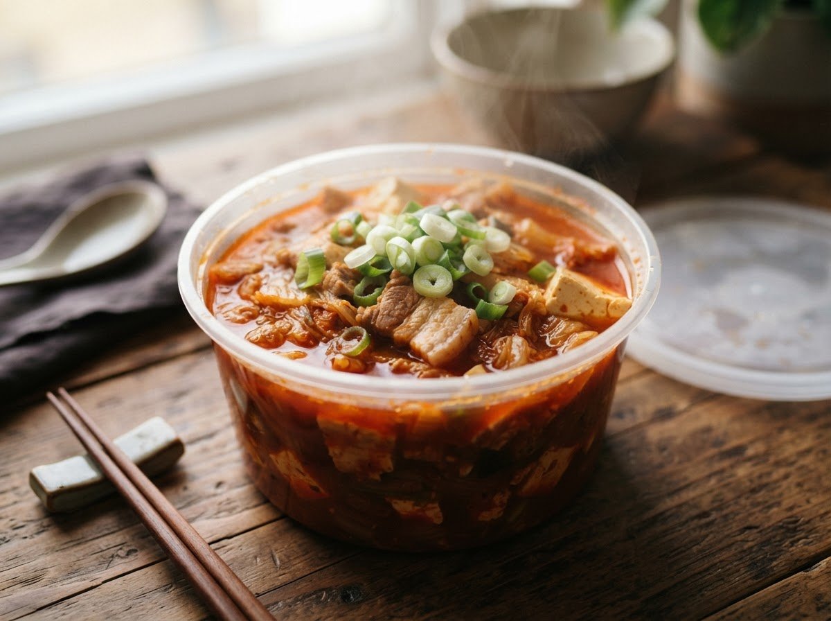 Kimchi jjigae in a takeaway tub — red broth with pork belly, soft tofu and spring onion