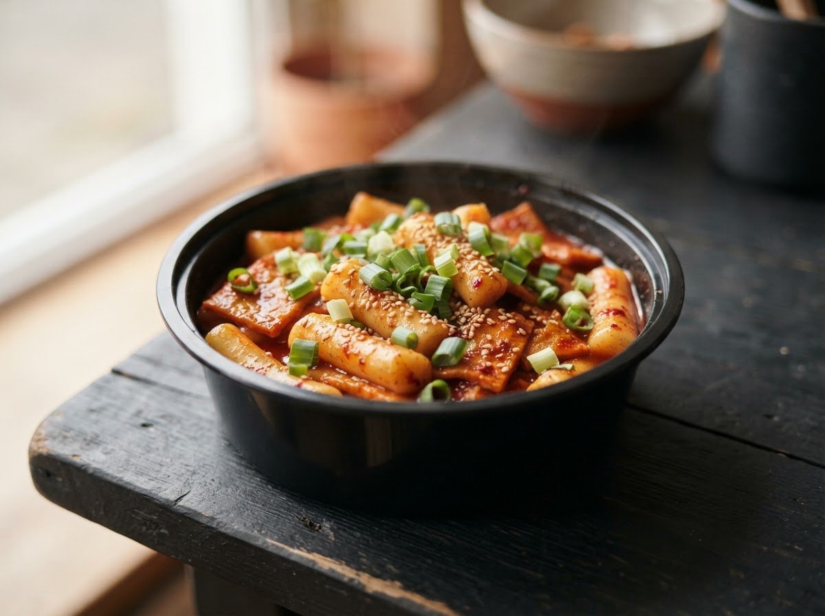 Tteokbokki in a takeaway tub — rice cakes and fish cake in glossy gochujang sauce