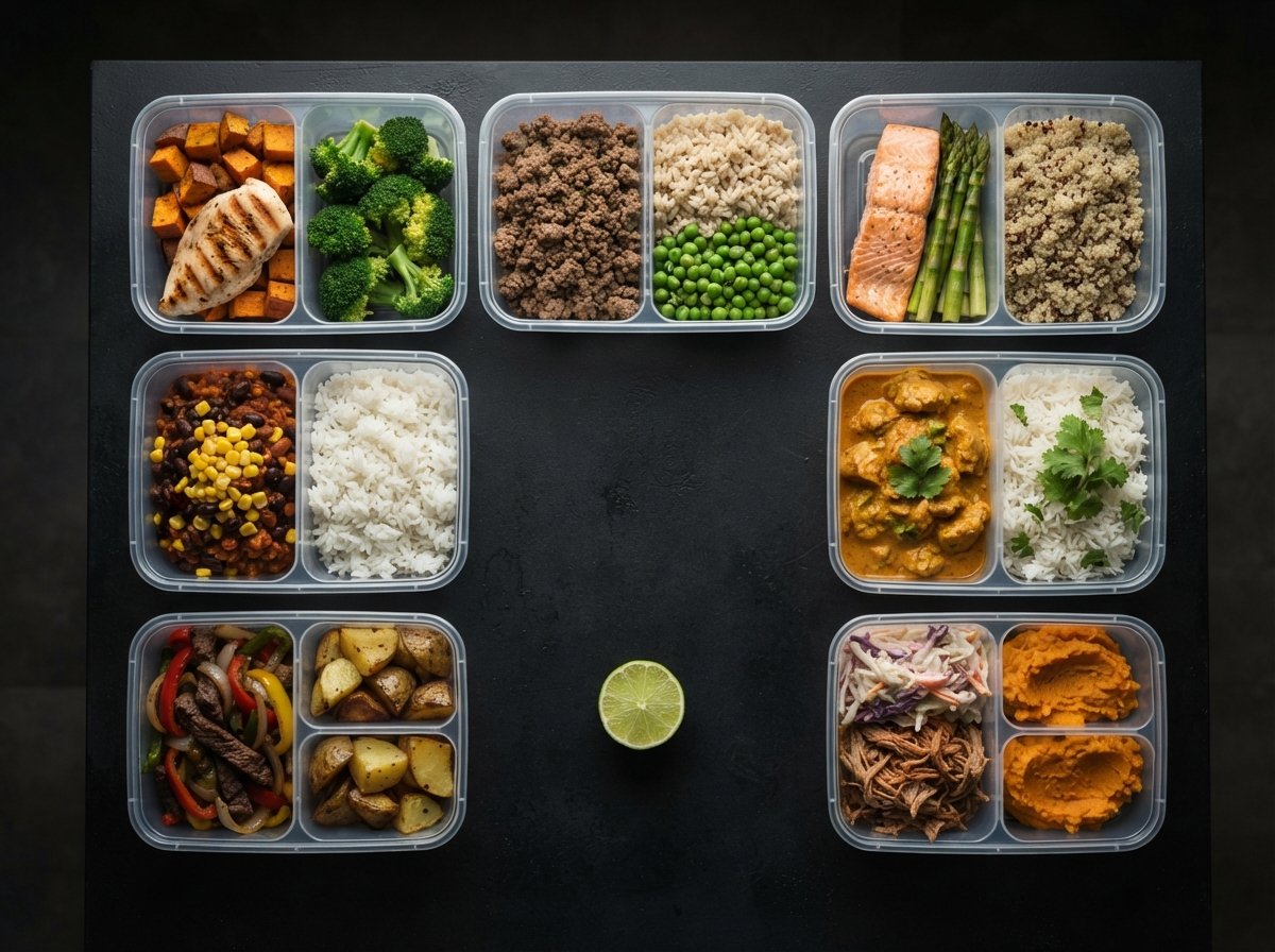Seven meal-prep containers in a grid, each with a different lean meal