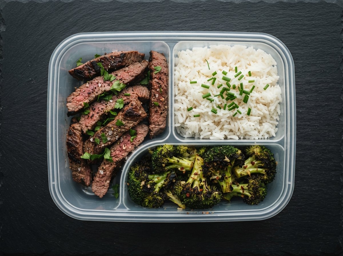 A meal-prep container with seared beef strips, basmati rice and charred broccoli