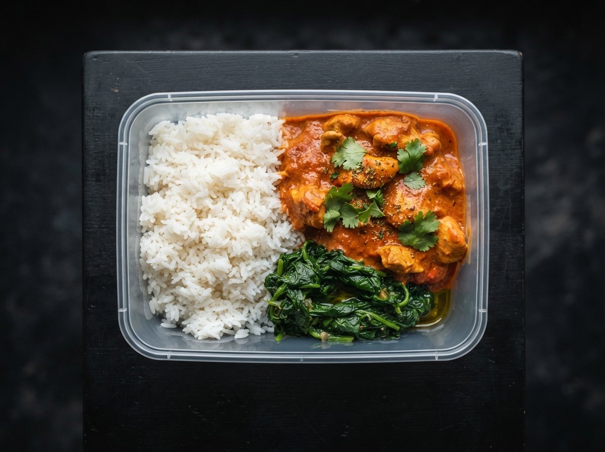 A meal-prep container with butter chicken, jasmine rice and spinach