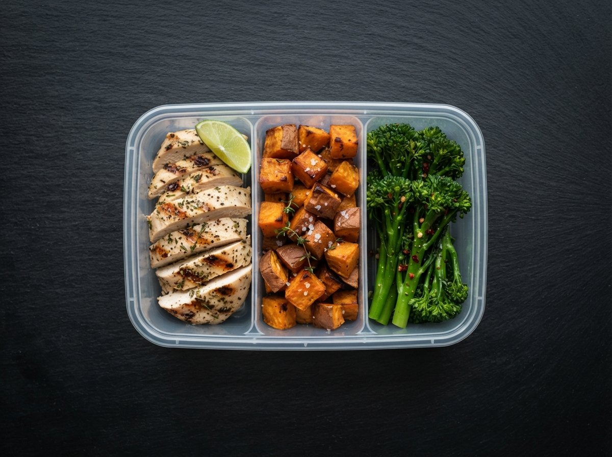 A macro-portioned chicken and sweet potato meal from Shred Society