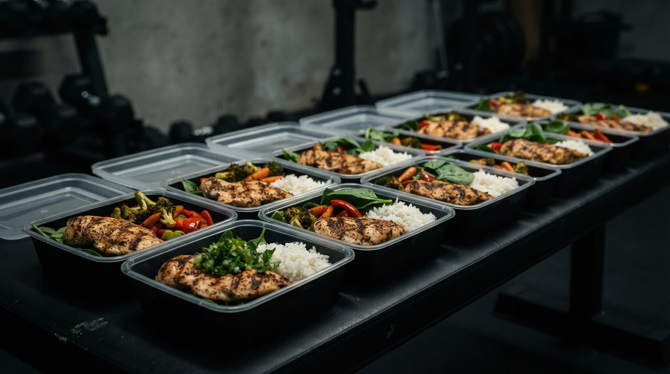 Rows of portioned meal-prep containers on a black background