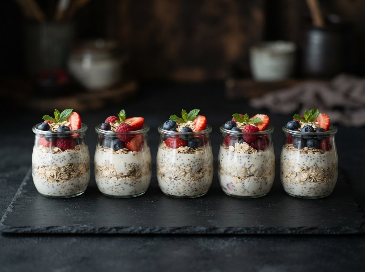 Five jars of overnight oats topped with berries in a row