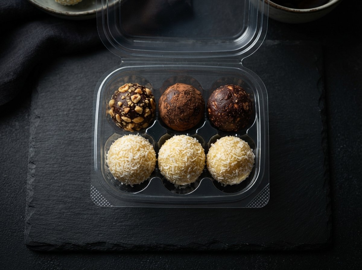 Six protein balls in a black bowl, chocolate peanut and lemon coconut