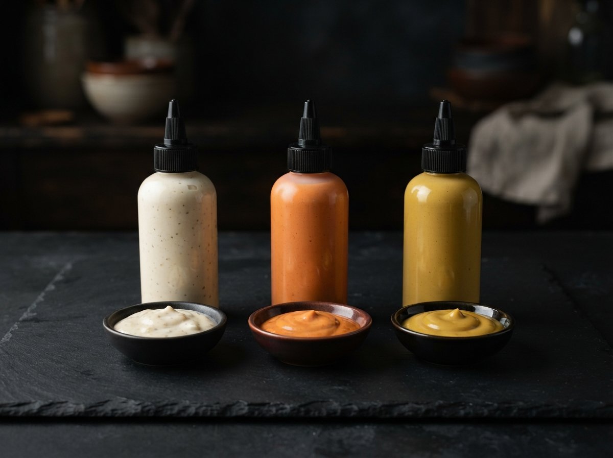 Three unlabelled squeeze bottles of sauce in a row on black slate